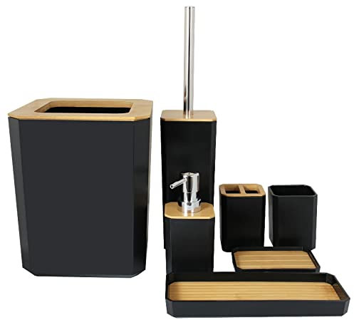 PITRAK 7-teiliges Badezimmer-Accessoires-Set, Lotionsflaschen, Zahnbürstenhalter, Zahnbecher, Seifenschale, Toilettenbürste, Mülleimer, Tablett-Set (Bambus, Schwarz)
