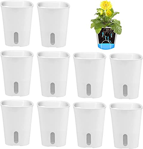 MENAYODA Lot de 10 pots de fleurs en plastique avec système d'irrigation, auto-arrosage avec trou de vidange et indicateur de niveau d'eau pour l'intérieur et l'extérieur (12,5 cm)