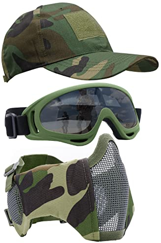 Yzpacc Airsoft Half Face Mask with Goggles Hat Set Tactical Masks Full Face Ohr Protective Baseball Cap for CS Halloween and Cosplay Game (F)