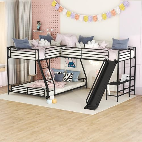 Bellemave Triple Bunk Beds, L-Shape Twin Over Full Bunk Bed Attached a Loft Bed with Desk, Triple Bunk Beds with Slide, Metal Corner Bunk Bed Frame for Three Kids Boys Girls Teens, Black