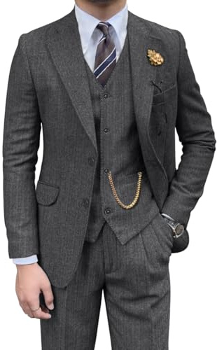 Traje Retro de 3 Piezas para Hombre, de Tweed, Espiga, Ajustado, Trajes de Padrinos de Boda, Color marrón, Conjunto de Esmoquin para graduación, Chaqueta, Chaleco, Pantalones para Hombre, Gris,