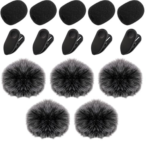 15pcs Lapel Microphone Windscreen, 5 Furry Windscreen & 5 Foam Cover & 5 Lav Mic Clips Lavalier Microphone Accessories for Decreasing Wind Noise