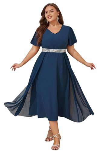 LapaPlus Robe de soirée formelle en mousseline de soie à paillettes pour femmes - Grande taille - Robe élégante à col en V - Robe de cocktail pour mariage, banquet, bleu marine, XXL Grande taille