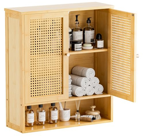 HITNET Armario Mural de Baño de Ratán, Mueble Colgante de Bambú con Puertas Dobles y Estantes Ajustables, Almacenamiento sobre el Inodoro para Cocina, Sala de Estar, lavandería, Natural