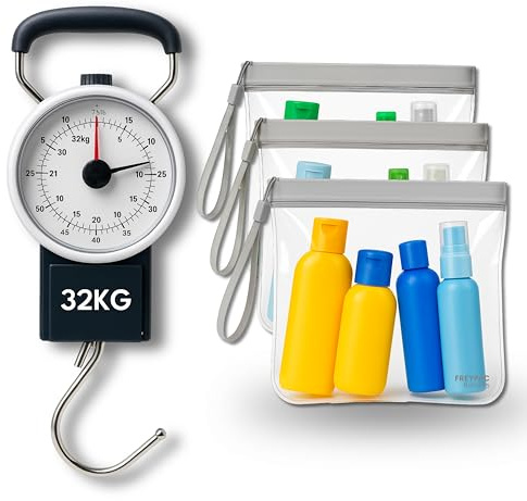 FREYPAC Luggage Scale with Tape Measure, 32kg Capacity, 3 Airline Approved Clear Toiletry Bags for Use when Travelling with Liquids In Hand Luggage, Airline Compliant and Leakproof