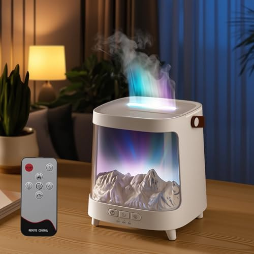 Flame Difusor Aceites Esenciales con Mando a Distancia, Humidificador Aceites Esenciales con Paisaje Montaña Nevada y 7 Colores Luces&Aurora Noreal Difusor de Aroma para la Oficina en Casa (Blanco)