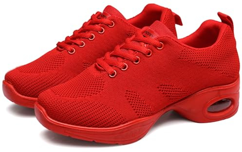 Hiuzylqx Dam Jazzdansskor Snörning Mesh Danssneakers Casual Luftkudde Platå Promenadskor Latin Ballroom Skor,Red,40 EU