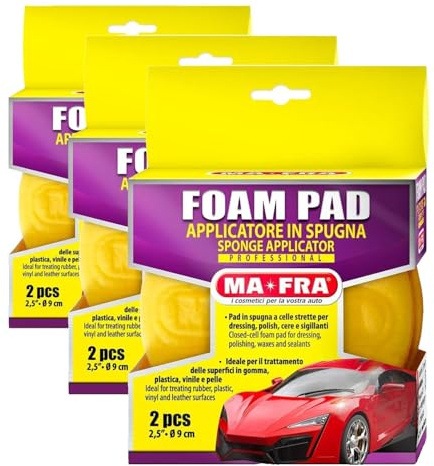 Ma-Fra Foam Pad, Spugna Auto a Celle Strette per Applicazione di Polish, Cere, Sigillanti e Dressing, Ideale per Il Trattamento di Superfici in Gomma, Plastica, Vinile e Pelle, Confezione da 6 Pezzi