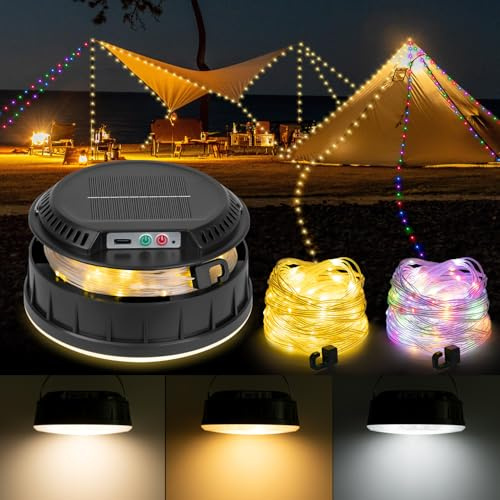 BlueYu Solar Camping String Lights, 32.8 FT String Light with 13 Modes, 4 in 1 Waterproof Camp Lamp, Solar/Type-C Powered, Hanging Rechargeable Tent Lantern for Camping, Party (Black)