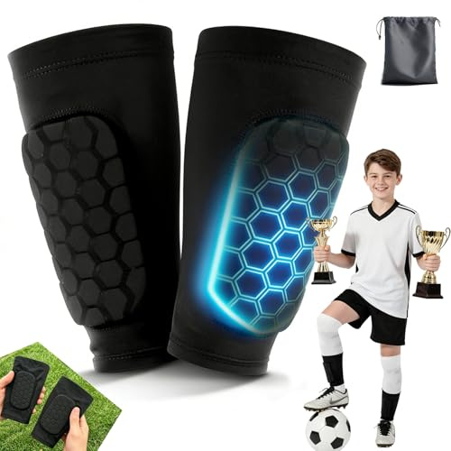 Shin Pads Guards Football for Boys Girls Ultra-Lightweight Kids Shin Pads 4-12 Years- Honeycomb Compression Sleeve with Superior Impact Absorption, Protective Shin Defender Kids Junior &Adults M