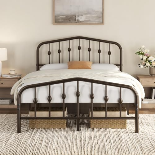 Yaheetech 4ft6 Double Metal Bed Frame with Crown-inspired Design, Bronze | 135x190cm, 363kg weight capacity, 32cm under-bed storage, headboard and metal slats, no box spring needed, easy assembly
