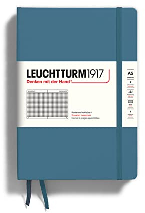 LEUCHTTURM1917 363336 Notizbuch Medium (A5), Hardcover, 251 nummerierte Seiten, Stone Blue, kariert