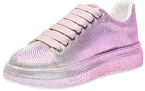 ANUFER Mujeres Moda Suela Gruesa Zapatillas Brillantina Colores Degradados Diamantes de Imitación con Cordones Casual Zapatos Deportivos Rosa SN070629 EU41