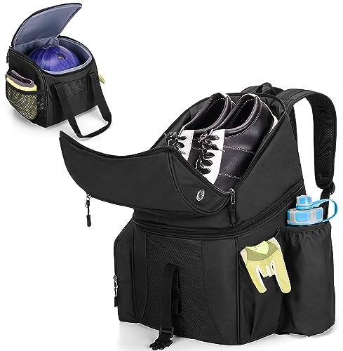 DSLEAF Bowling Backpack and Separate Ball Bag Combo, Bowling Ball Bag with Wooden Ball Holder and Shoe Compartment for US Mens 16 and Multi-Pockets for Accessories (Patent Design)