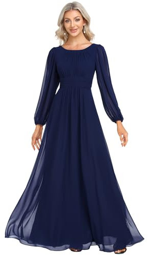 Ever-Pretty Women's Long Sleeve Ruched Belt Chiffon Long Formal Dresses Navy Blue 12UK