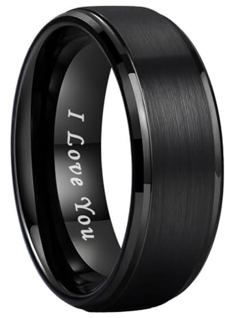 TUTISS 8mm Black Tungsten Rings for Men Women Engagement Wedding Bands Stepped Beveled Edges I Love You Engraved Comfort Fit Size 9