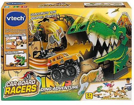 VTech - Car-Board Racers, Rennstrecke Dino Adventure, Rennstrecken aus recyceltem Karton * unendlich erweiterbar mit motorisiertem Geländewagen, Geschenk für Kinder ab 5 Jahren – Inhalt in Französisch
