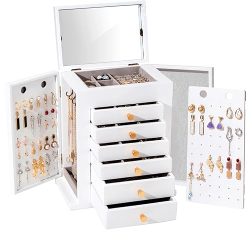 ProCase Schmuckkästchen Schmuckaufbewahrung Groß Holz Schmuckschatulle mit 7 Ebenen Schmuckkasten Schmuckbox Schmuck Organizer mit Spiegel, Schubladen für Ringe, Ohrringe -Weiß
