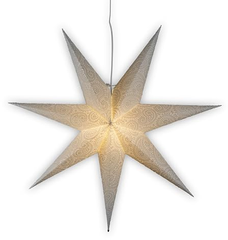 Konstsmide Weißer Papierstern mit Stickerei, 7 Zacken, inkl Anschlusskabel mit an/aus Schalter, ohne Leuchtmittel, E14 Lampenhalterung, 230V, Innen, weißes Kabel - 5935-200