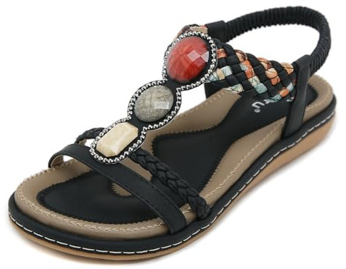 Acfoda Offene Sandalen Damen Sommer mit Strass Flach Bohemian Sandaletten Frauen mit Weiches Fußbett Outdoor Freizeit Strand Schuhe Schwarz 38 EU = Herstellergröße 39