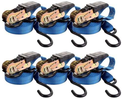 FWEEK 6 Sets Ratchet Tie Down Straps 2.5cm x 6m, 5000lb Break Strength, Heavy Duty Lashing Strap, Securing Straps with Handle and Metal J Hook for Trucks, Cars, Motorcycles – Blue