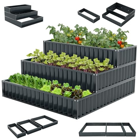 HOMASIS Jardinière surélevée à 3 niveaux, en métal, à 3 niveaux, avec fond ouvert, parterre de fleurs, parterre de fleurs, parterre de fleurs, pour légumes, fruits, fleurs, escaliers de fleurs, bac à