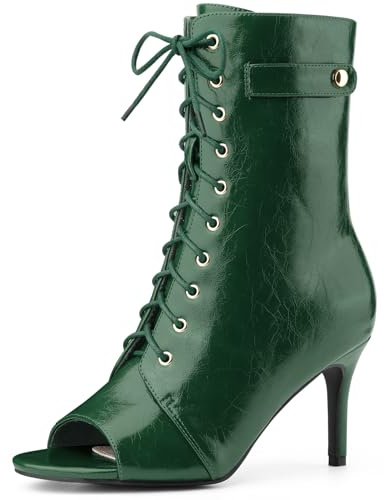 Allegra K Women Faux Leather Lace Up Peep Toe Stiletto Heel Ankle Boots | Pointed toe silhouette. Comfortable toe room. Versatile for daily wear. ABS outsole construction.