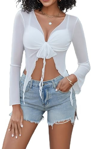 Avidlove Women's Long Sleeve Sheer Mesh Tie Front Bell Blouse Party Top | Sheer see through mesh blouse, tie front bow, bell sleeve, long sleeve. Summer party top, going out top for women