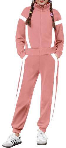 Zaclotre Teen Girl Clothes 2 Piece Zip Up Jacket Sweatshirt and Sweatpants Joggers Set with Pockets Coral Pink 13-14 Years