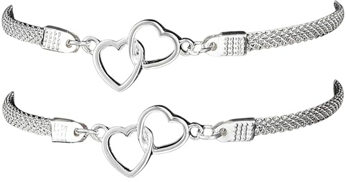 GWAWG Set bracciale e cavigliera doppio cuore – 2 pezzi argento regolabile resistente all'acqua regalo per donna gioielli da spiaggia collana piede