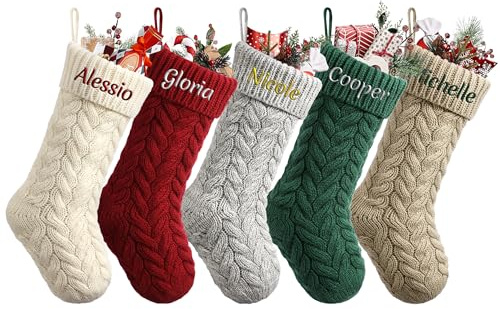 Personalised Christmas Stockings Custom Name Family Christmas Stockings 18” Large Knit Knitted Xmas Stocking for Kids, Rustic Fireplace Hanging Ornament Christmas Holiday Party Decoration Set of 5