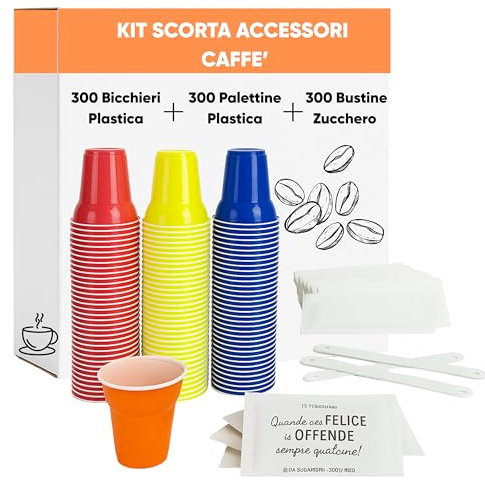 marketcaffe Kit Accessori Caffè 300 Bustine Zucchero, 300 Bicchierini, 300 Palettine – Set Monouso per Casa, Ufficio, Bar, Eventi e Distributori Automatici