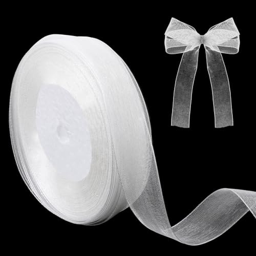 Ruban cadeau Tweruna blanc avec nœud, 2 cm, 45 m de large, ruban cadeau en organza translucide pour Noël, mariages