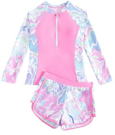 UV Badeanzug Mädchen mit Gepolsterte BHS Gr 128-158, Langarm Kinder UV Badebekleidung Tankini mit Badeshirt & Shorts, Teenager Schwimmshirt UV Shirt Schwimmanzug, Rosa Wellen 10-11 Jahre