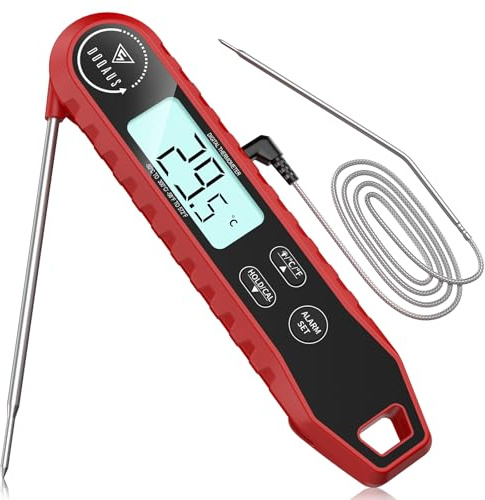 DOQAUS Termometro Cucina con 2 Sonde Precisione di ±1°C e Misurazione in 3 Secondi, Allarme e Retroilluminato (Rosso)