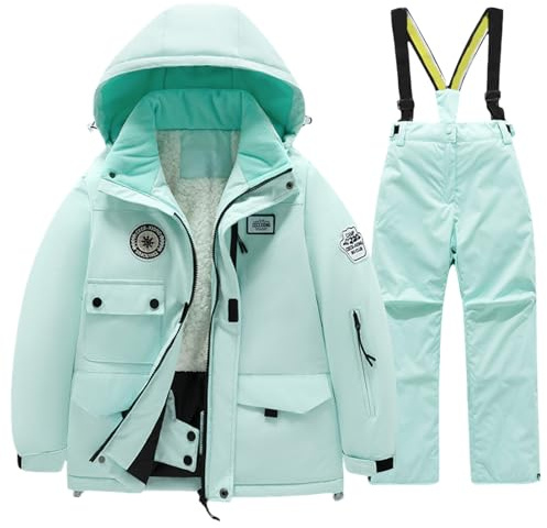 LOSVIP Combinaison de ski pour enfant garçon et fille avec capuche - Doublure polaire imperméable - Thermique - Deux pièces - Poches multiples - Veste de ski - Pantalon de ski, Vert menthe., 10-11 ans
