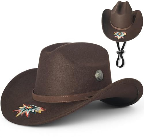 Dlishka Cowboyhatt för kvinnor och män av filt, västernhatt med bältesspänne, broderad design och brett brätte, lätt texansk hatt för karnevaler, festivaler, fester och solskydd.