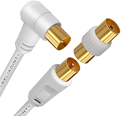 RELIAGINT TV Aerial Cable 5m – Pure Copper TV Coaxial Cable with Dual Shielding for Strong Signal – Straight or Right-Angle – Female-to-Female Adaptor Included – Fire-Resistant Aerial Connectors