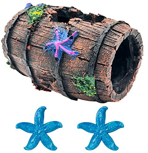 GSD Star-Fish Broken Barrel Decor Resin Betta Tank Accessories Ornaments for Cave Hide Decorations, Broken Barrel x 1pc, Blue Star Fish Ornaments x 2pcs