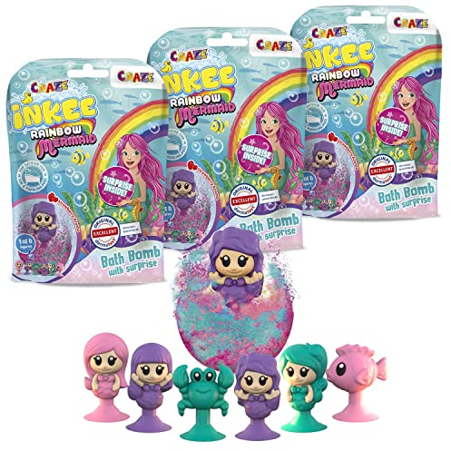 INKEE SURPRISE MERMAID 3er Set Kinder Badebomben mit Überraschung, 3x Magische Badekugeln mit Meerjungfrauen Spielfiguren im Inneren, Erdbeerduft
