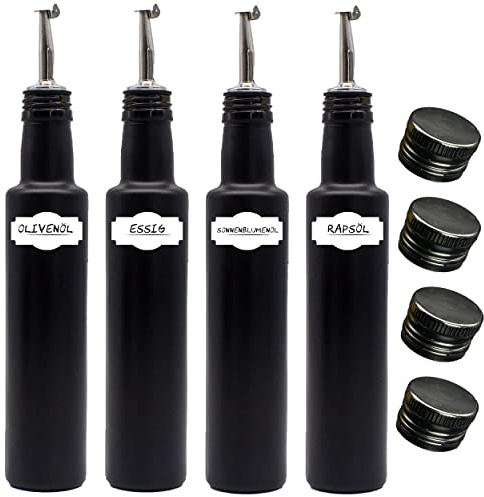Ölflasche Essigflasche Spender Set - ideal für die Küche - 4x Edelstahl-Ausgießer 4x schwarzer Deckel