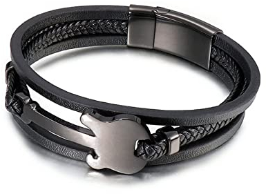Whoiy Lederarmband Schwarz, Männer Armband Gitarre Mehrere Schichten Geflochten Edelstahl Lang 20.9cm Breit 18mm für Jahrestag Geburtstag