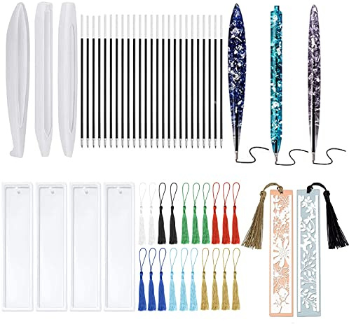 YMJD 52pcs Kit, 4 Moule de Signet en Silicone, 3 Moules de Stylo à Bille en Silicone Avec 25 Recharges et 20 Gland Colorésen pour Bricolage