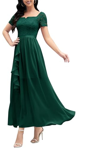 Wedtrend Aftonklänning, elegant för bröllop, elegant A-linje, volangklänning, cocktailklänning dam, knälång, Mörkgrön, XS