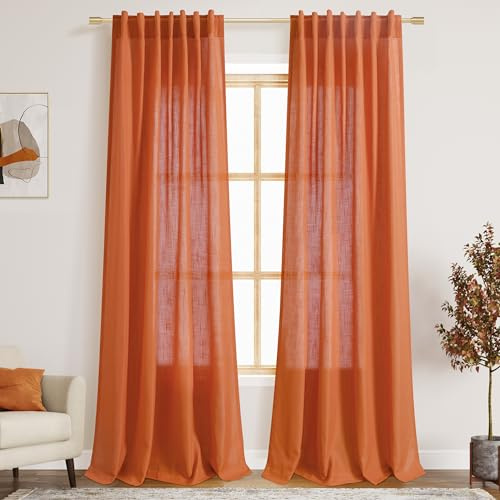 Burnt Orange Linen Curtains 84 Inches Long for Living Room Back Tab Semi Sheer Orange Bohemian Farmhouse Window Curtain 2 Panels for Bedroom Halloween Decor Autumn Fall Color Drapes 52x84