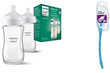 Philips Avent Babyflaschen Natural Response aus Glas – 2x Babyflasche, 240 ml, BPA-frei, für Neugeborene ab 1 Monat (Modell SCY933/02) & Avent Flaschen- und Saugerbürste (Modell SCF145/06)