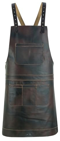 Grembiule in pelle pieno fiore marrone scuro con tracolla per macellaio, cuoco, barbecue, cucina, fabbro, barbiere, grembiule da falegnameria, Marrone scuro, Taglia unica
