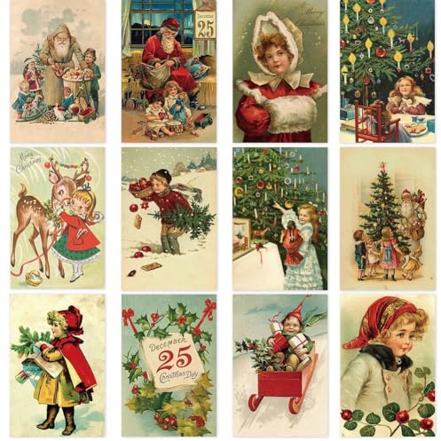 Vintage julgratulationskort, 12 st julkort vykort jul gratulationskort, jul gratulationskort vintage vinter jul jultomten antik vykort set gratulationskort presentkort meddelandekort