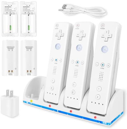 4-in-1 Charger Station for Wii/Wii U Remote Controller, Charging with 4 Pack 2800mAh Rechargeable Battery Pack+4 Port Charging Station+Plugs+USB Cable,Not Include Remote (White)
