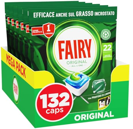 Fairy Detersivo Pastiglie Lavastoviglie Brillantante, 132 Capsule Lavastoviglie, Original Limone, Azione Pulente Al Primo Lavaggio, Efficace Sul Grasso Incrostato Con Azione Brillante